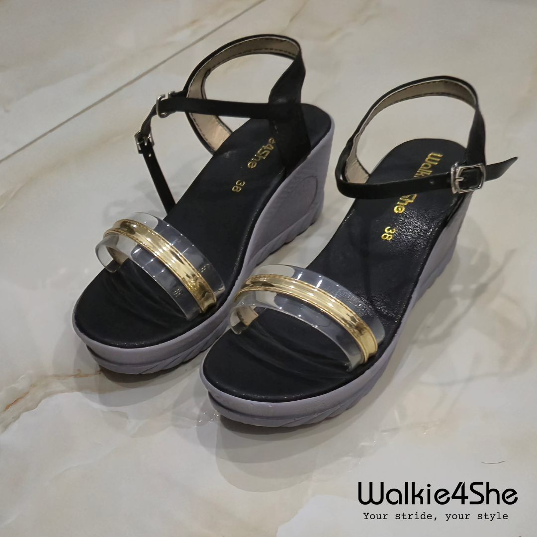 W4S-P-11002 Wedge Sandal - Black, Grey, Gold