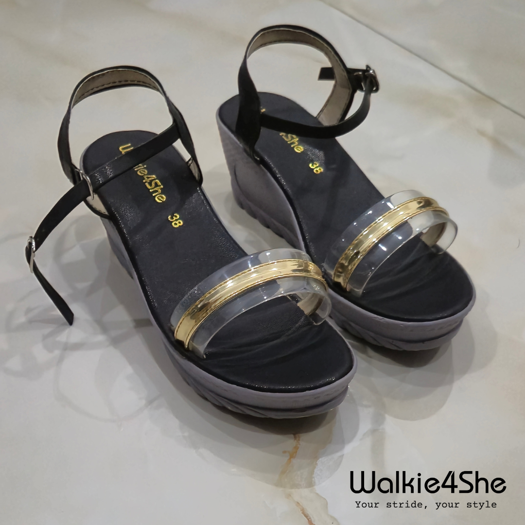 W4S-P-11002 Wedge Sandal - Black, Grey, Gold