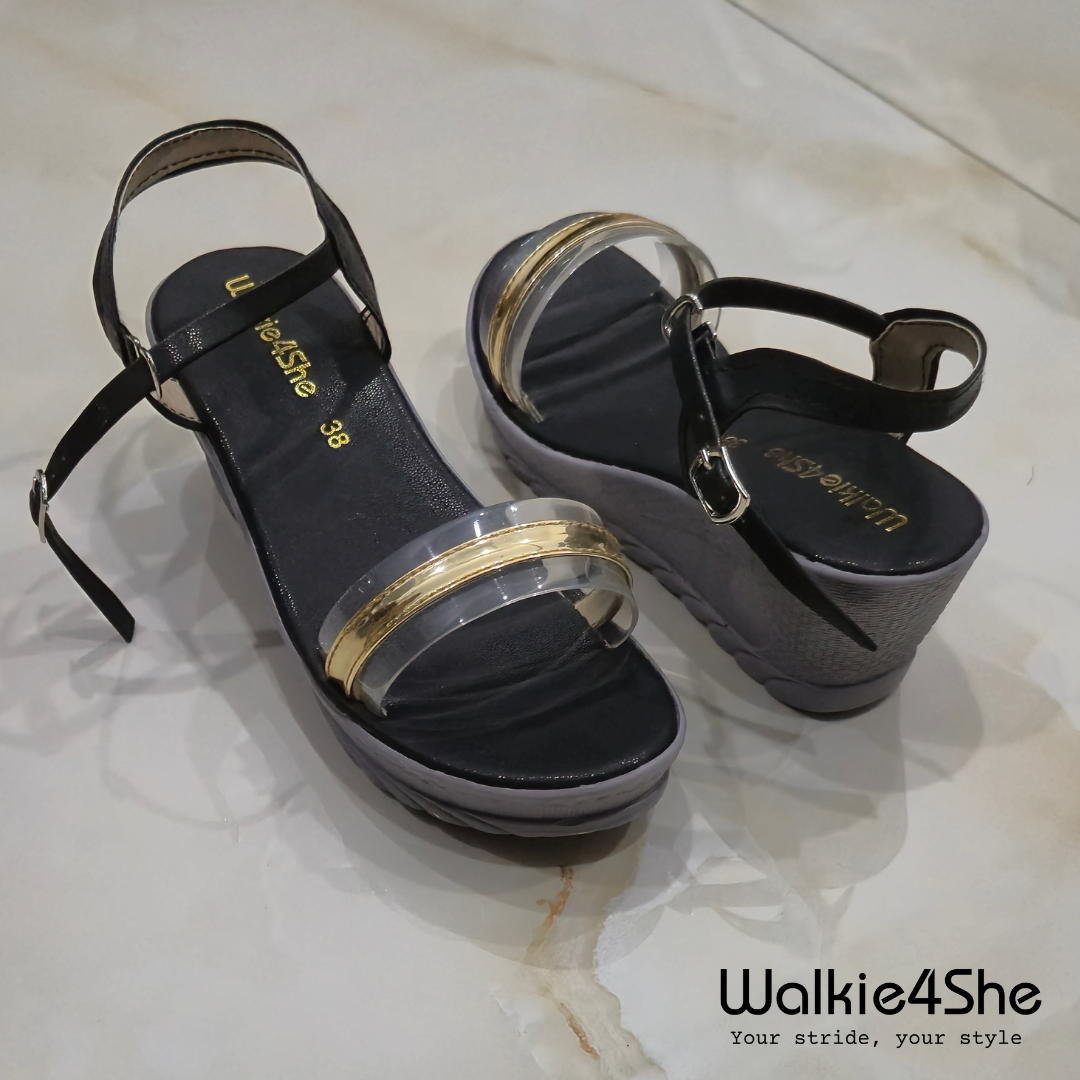 W4S-P-11002 Wedge Sandal - Black, Grey, Gold