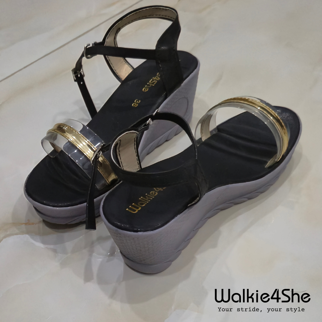 W4S-P-11002 Wedge Sandal - Black, Grey, Gold