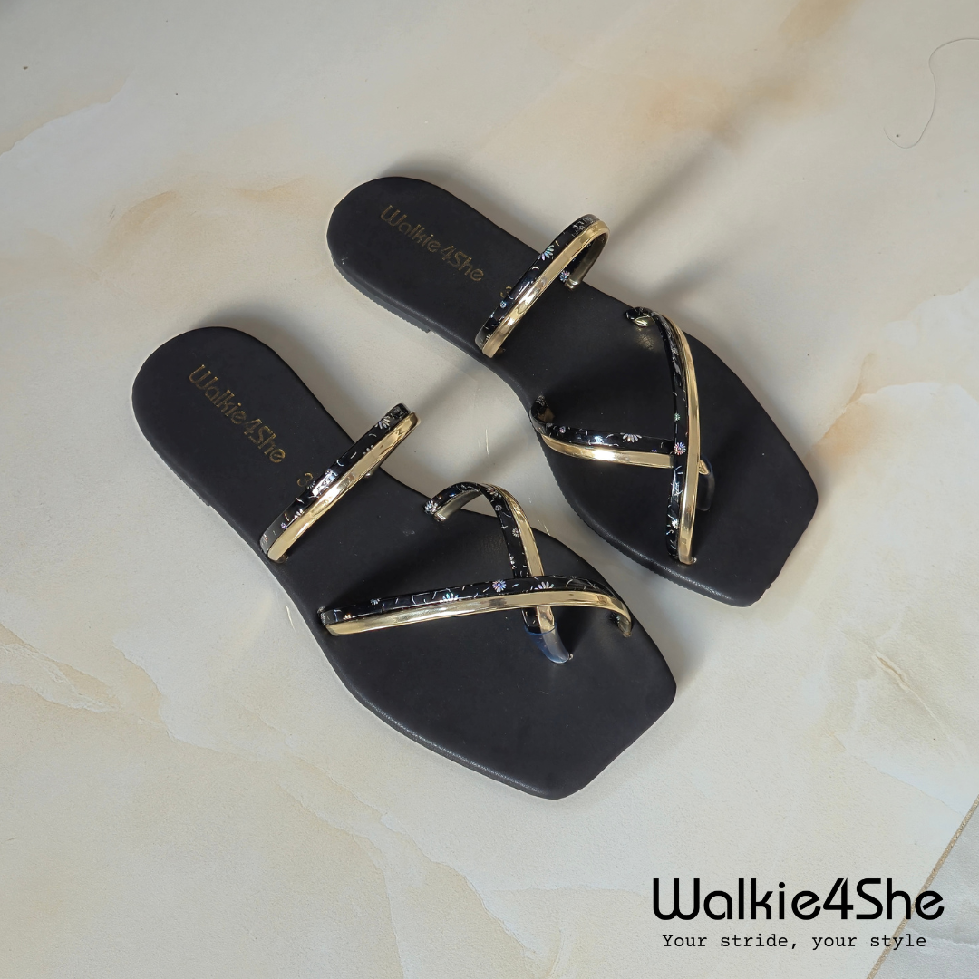 W4S-F-1141 Flat Sandal - Black, Gold