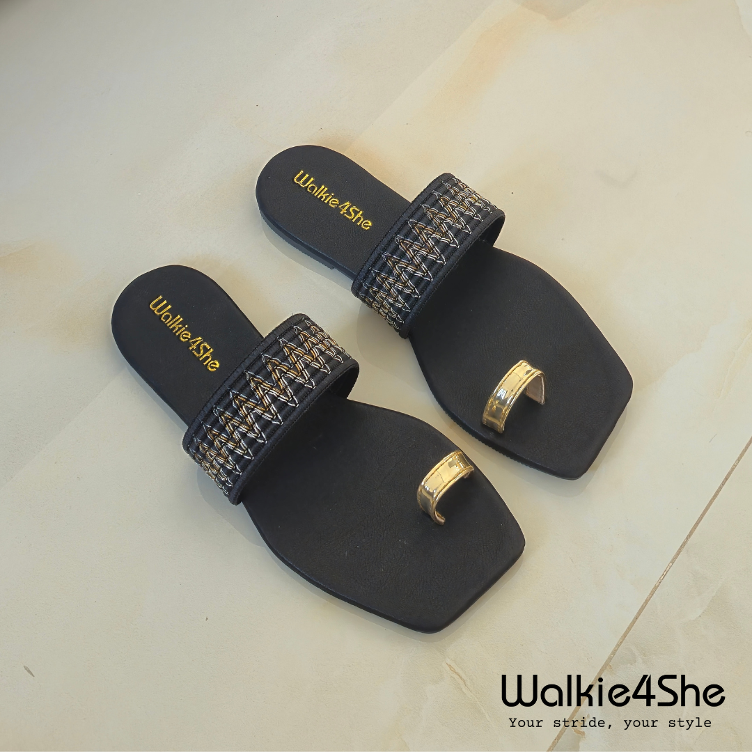 W4S-F-1133 Flat Sandal - Black, Gold Toe Ring