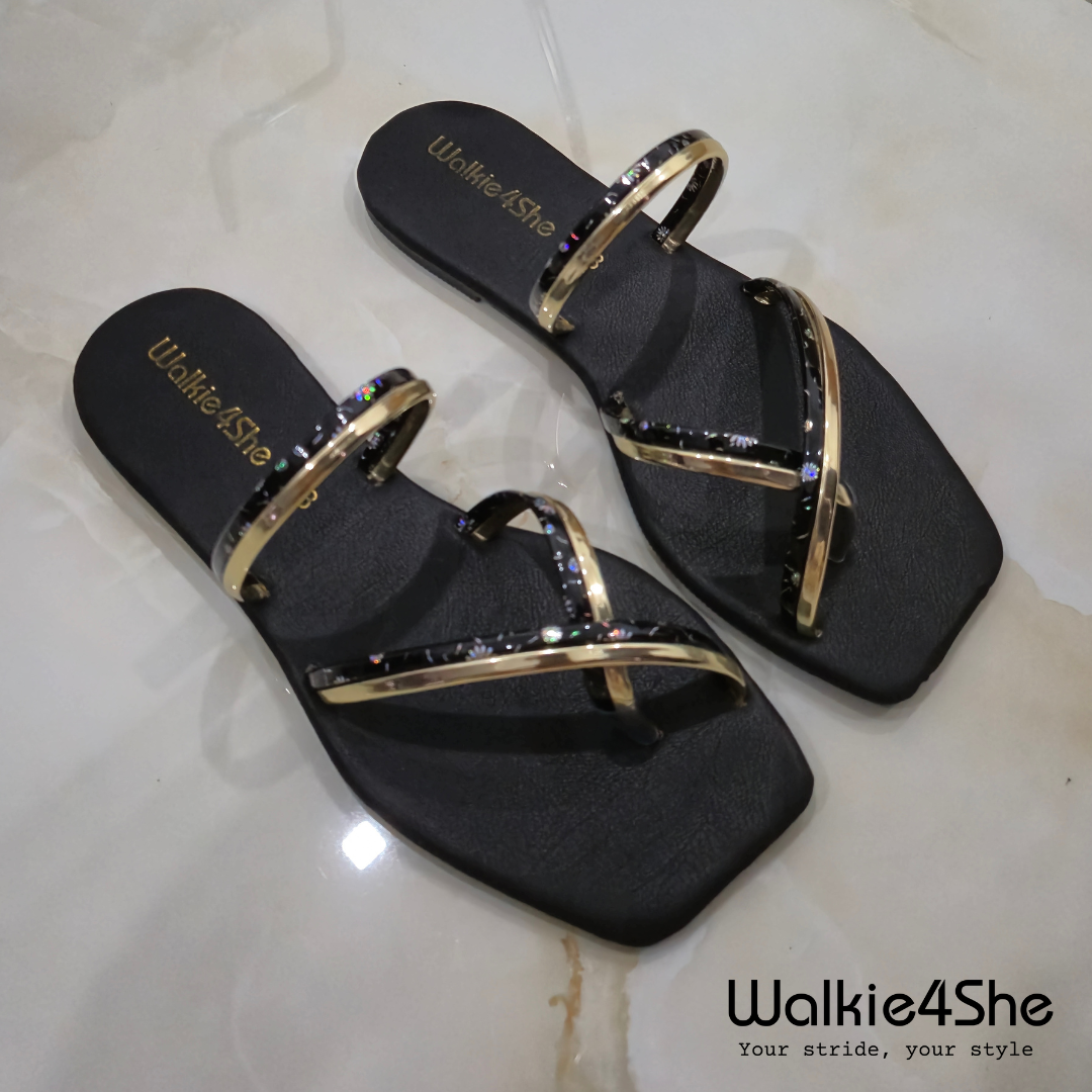 W4S-F-1141 Flat Sandal - Black, Gold