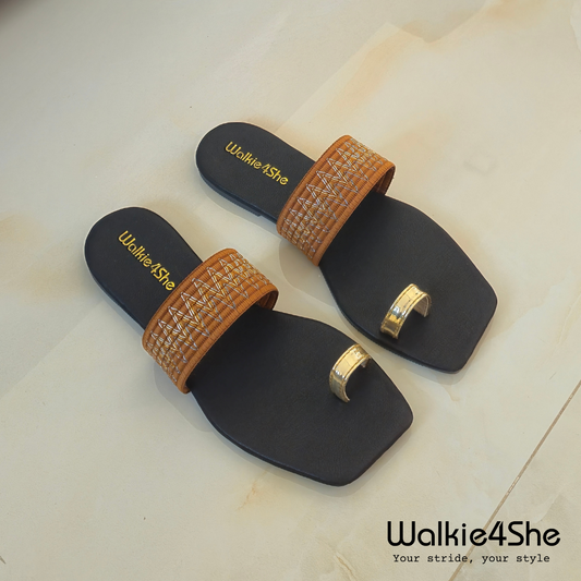 W4S-F-1131 Flat Sandal - Brown, Black, Gold Toe Ring