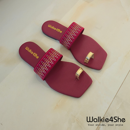 W4S-F-1132 Flat Sandal - Maroon, Gold Toe Ring