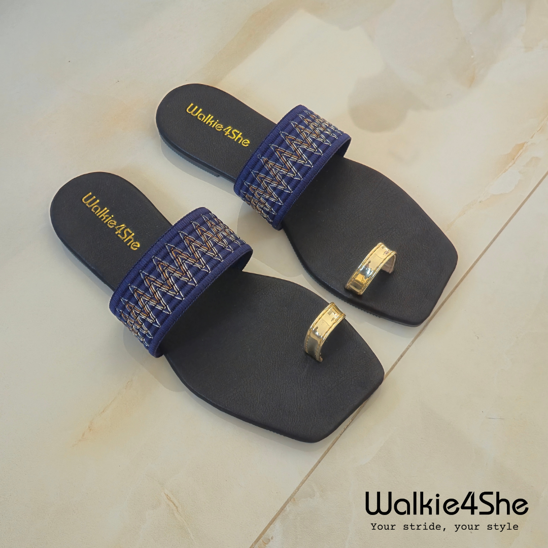 W4S-F-1134 Flat Sandal - Black, Blue, Gold Toe Ring