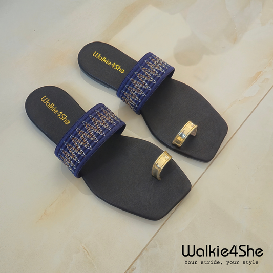 W4S-F-1134 Flat Sandal - Black, Blue, Gold Toe Ring